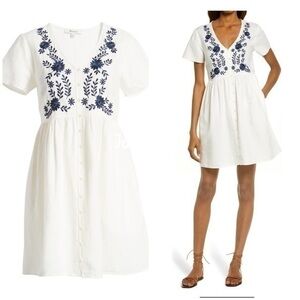 💋Madewell blue navy embroidery mini white dress size XXS